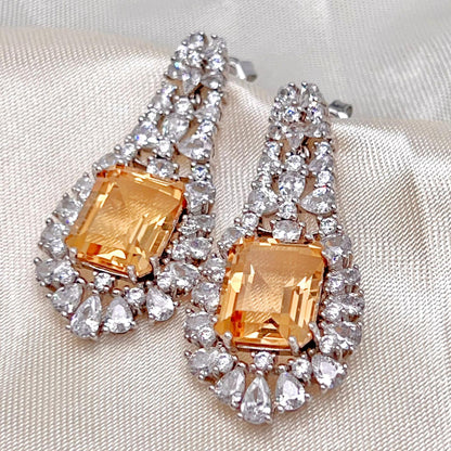 Citrine Dangle Halo Earrings Silver 925