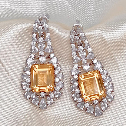 Citrine Dangle Halo Earrings Silver 925