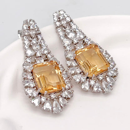 Citrine Dangle Halo Earrings Silver 925