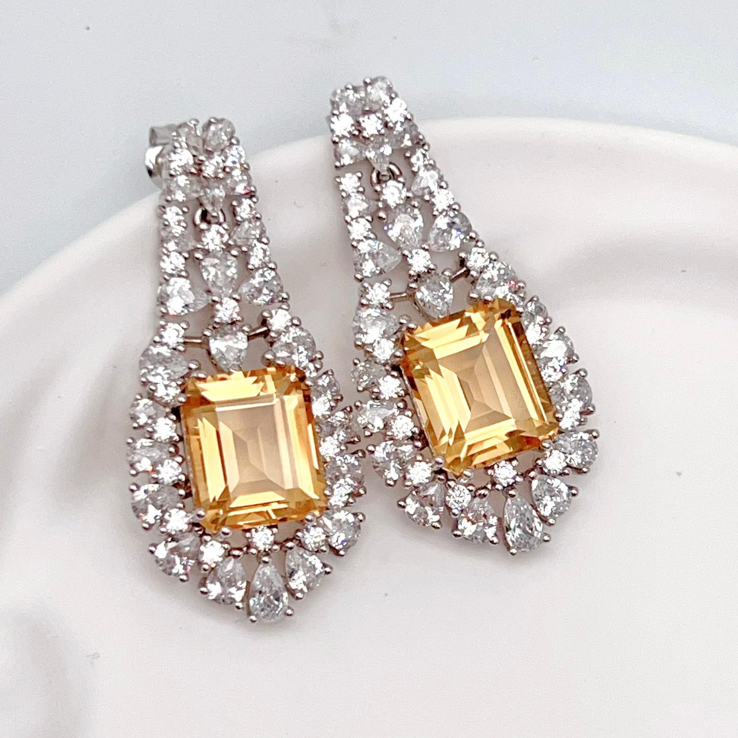 Citrine Dangle Halo Earrings Silver 925