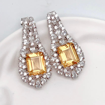 Citrine Dangle Halo Earrings Silver 925