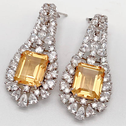 Citrine Dangle Halo Earrings Silver 925