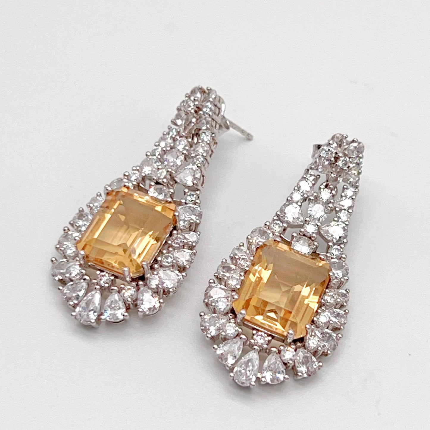 Citrine Dangle Halo Earrings Silver 925