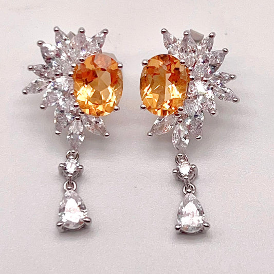 Citrine Flower Cluster Drop Earrings Silver 925