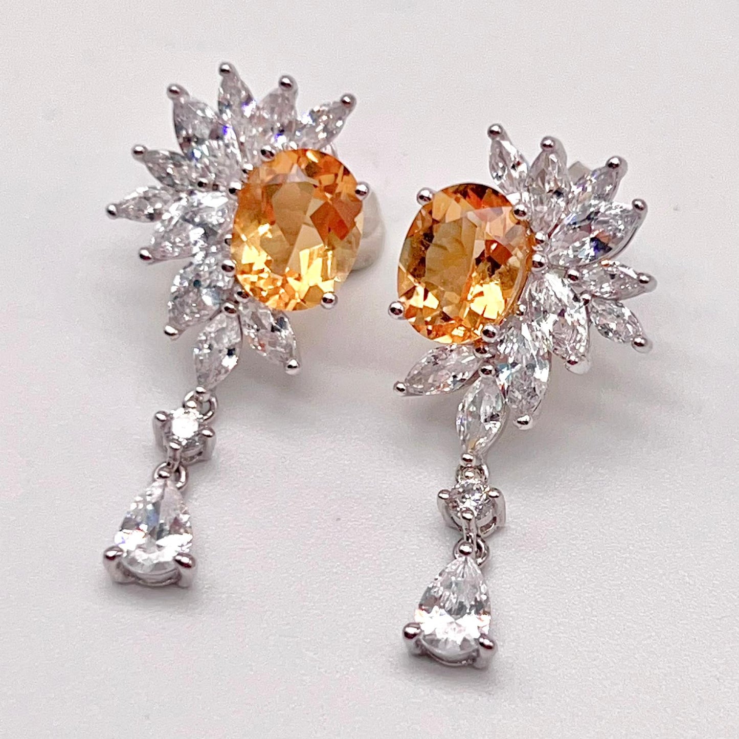 Citrine Flower Cluster Drop Earrings Silver 925