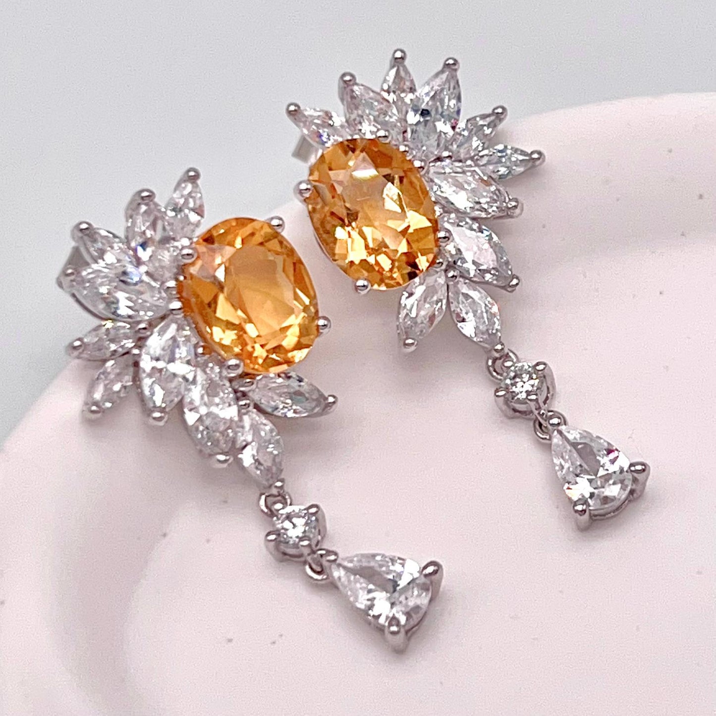 Citrine Flower Cluster Drop Earrings Silver 925