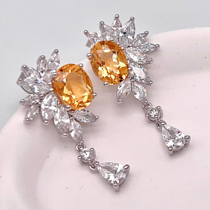 Citrine Flower Cluster Drop Earrings Silver 925