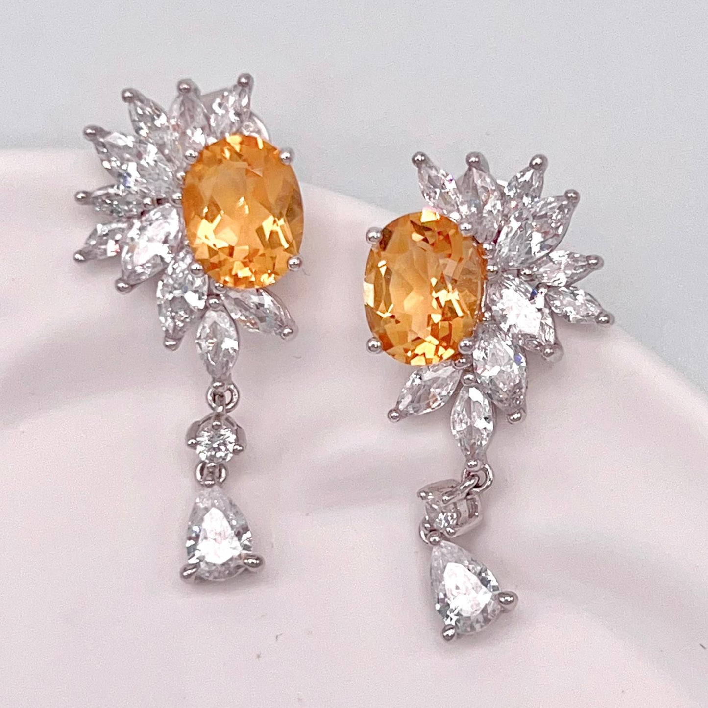 Citrine Flower Cluster Drop Earrings Silver 925