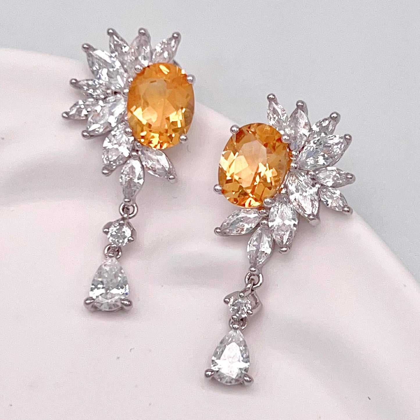 Citrine Flower Cluster Drop Earrings Silver 925