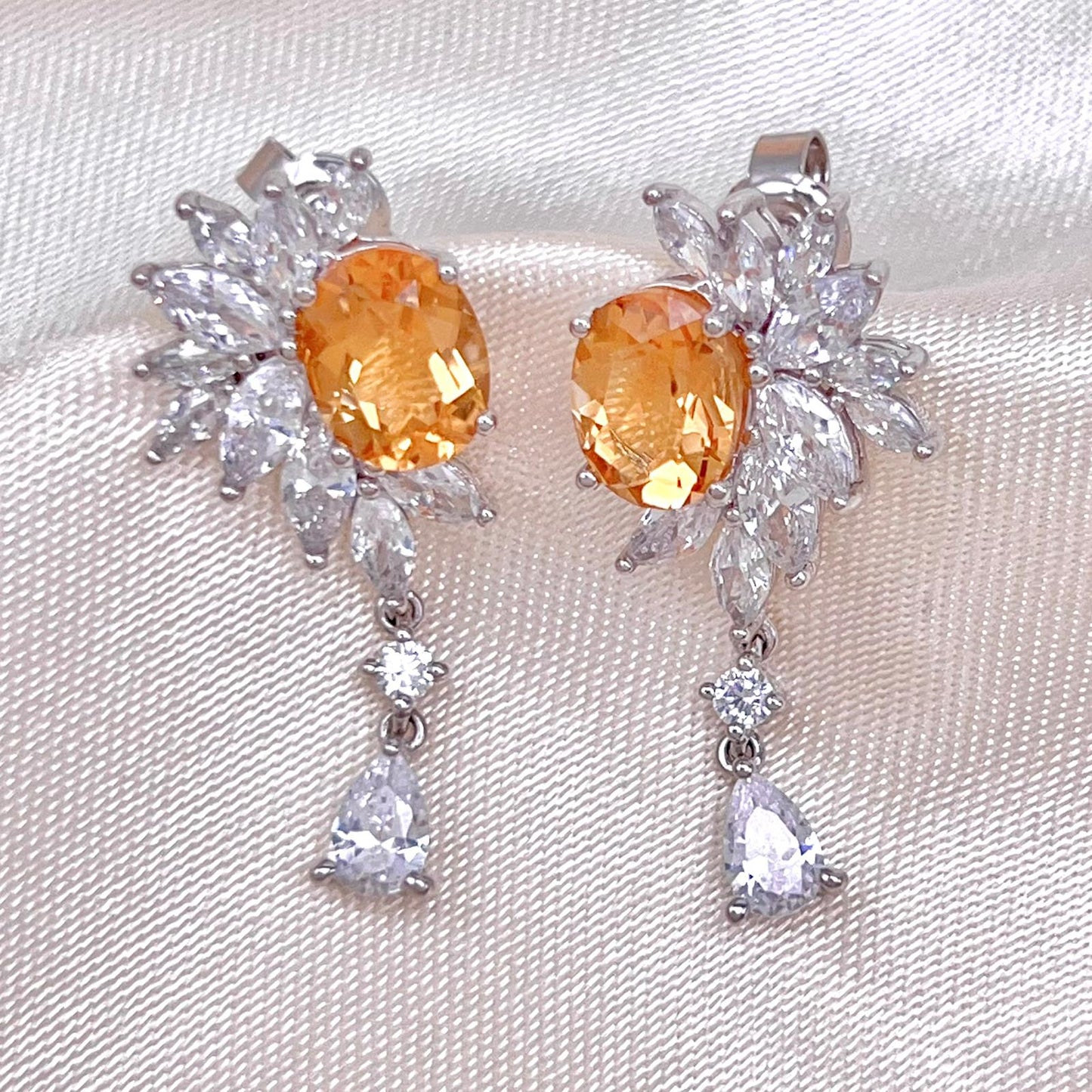 Citrine Flower Cluster Drop Earrings Silver 925
