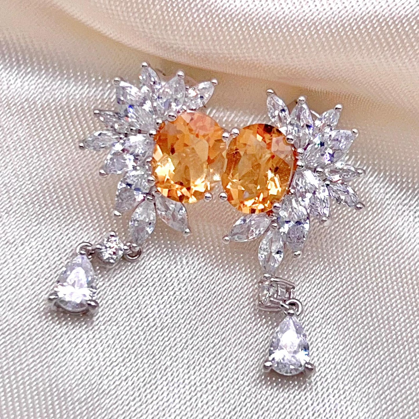 Citrine Flower Cluster Drop Earrings Silver 925