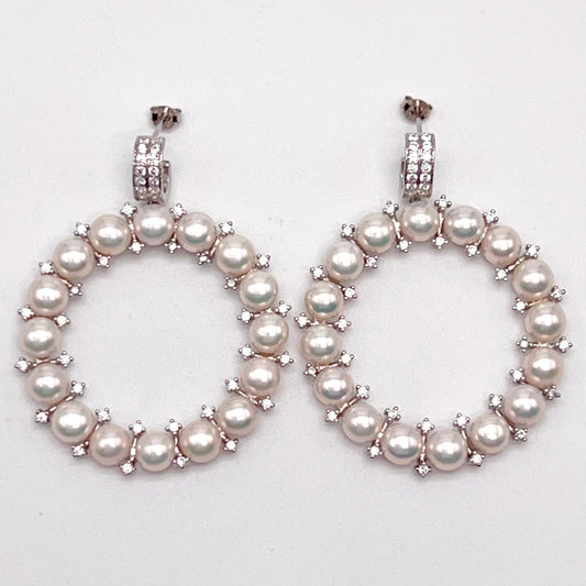 Cultured Pearl Halo Hoop Earrings Silver 925