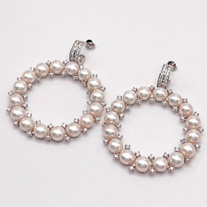 Cultured Pearl Halo Hoop Earrings Silver 925