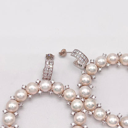 Cultured Pearl Halo Hoop Earrings Silver 925