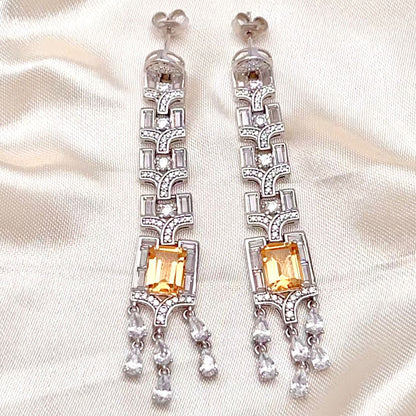 Citrine Art Deco Long Dangle Earrings