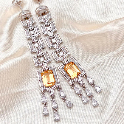 Citrine Art Deco Long Dangle Earrings