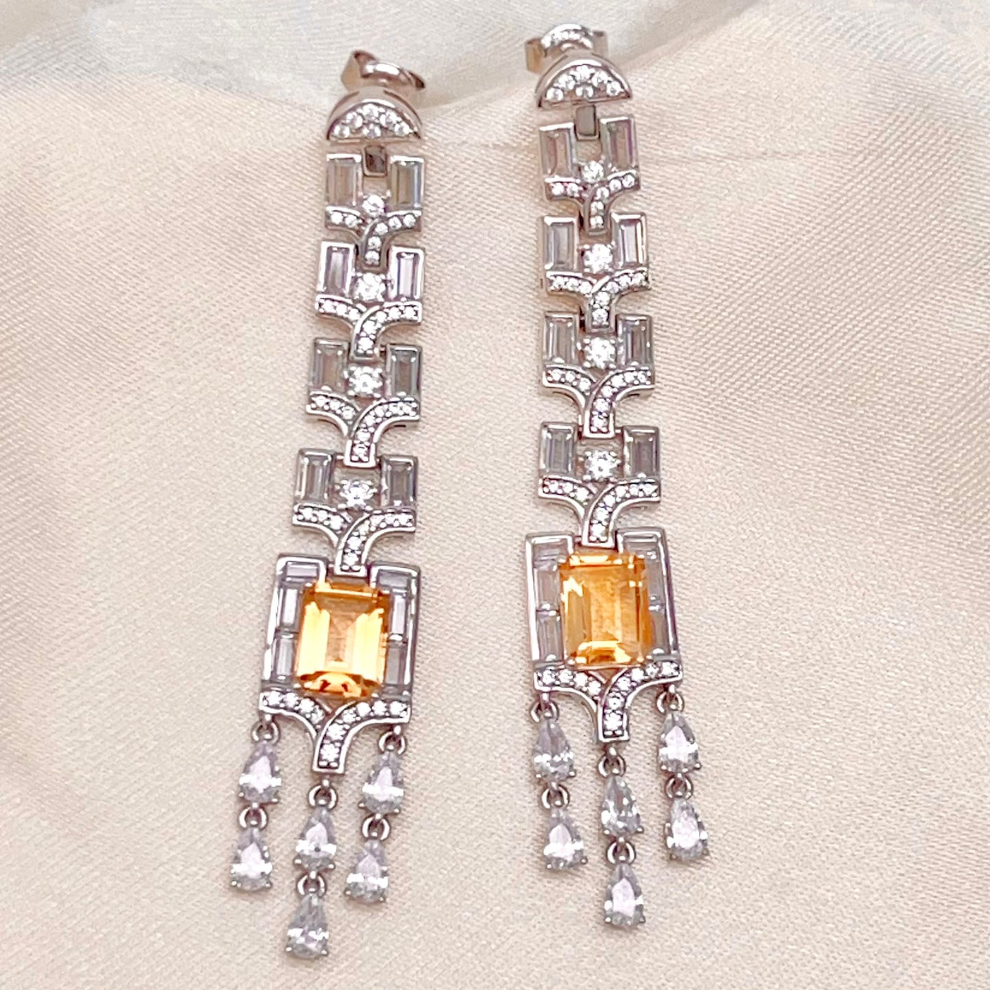Citrine Art Deco Long Dangle Earrings