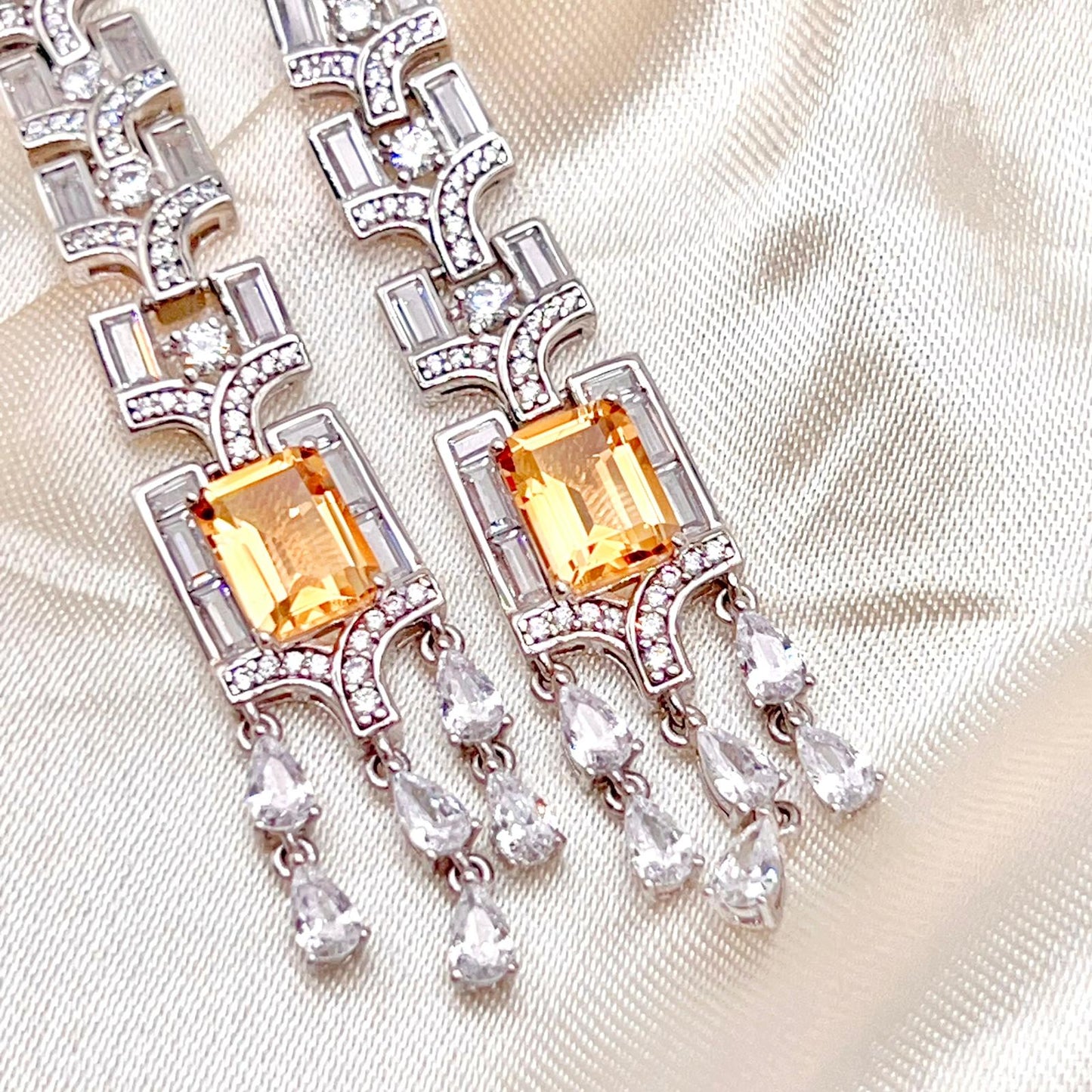 Citrine Art Deco Long Dangle Earrings