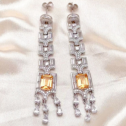 Citrine Art Deco Long Dangle Earrings