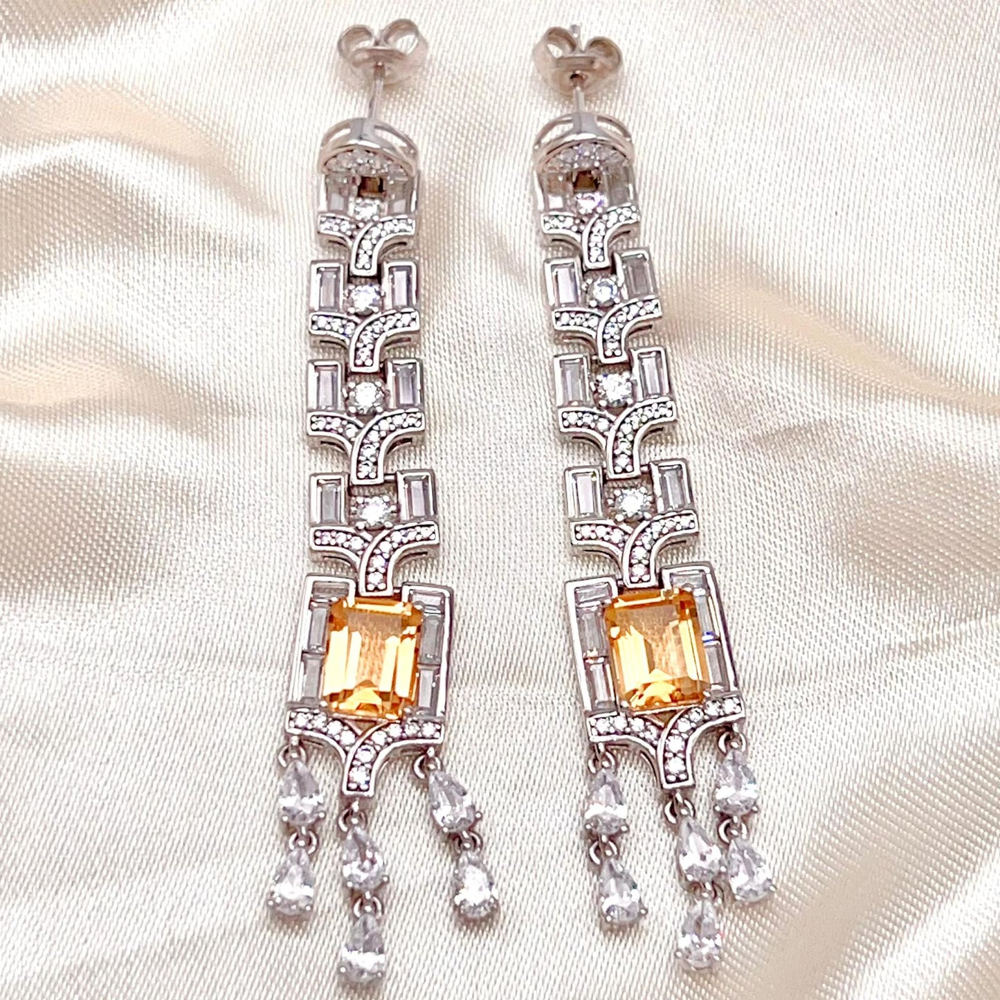 Citrine Art Deco Long Dangle Earrings