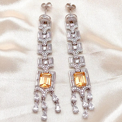 Citrine Art Deco Long Dangle Earrings