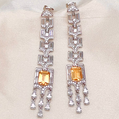 Citrine Art Deco Long Dangle Earrings