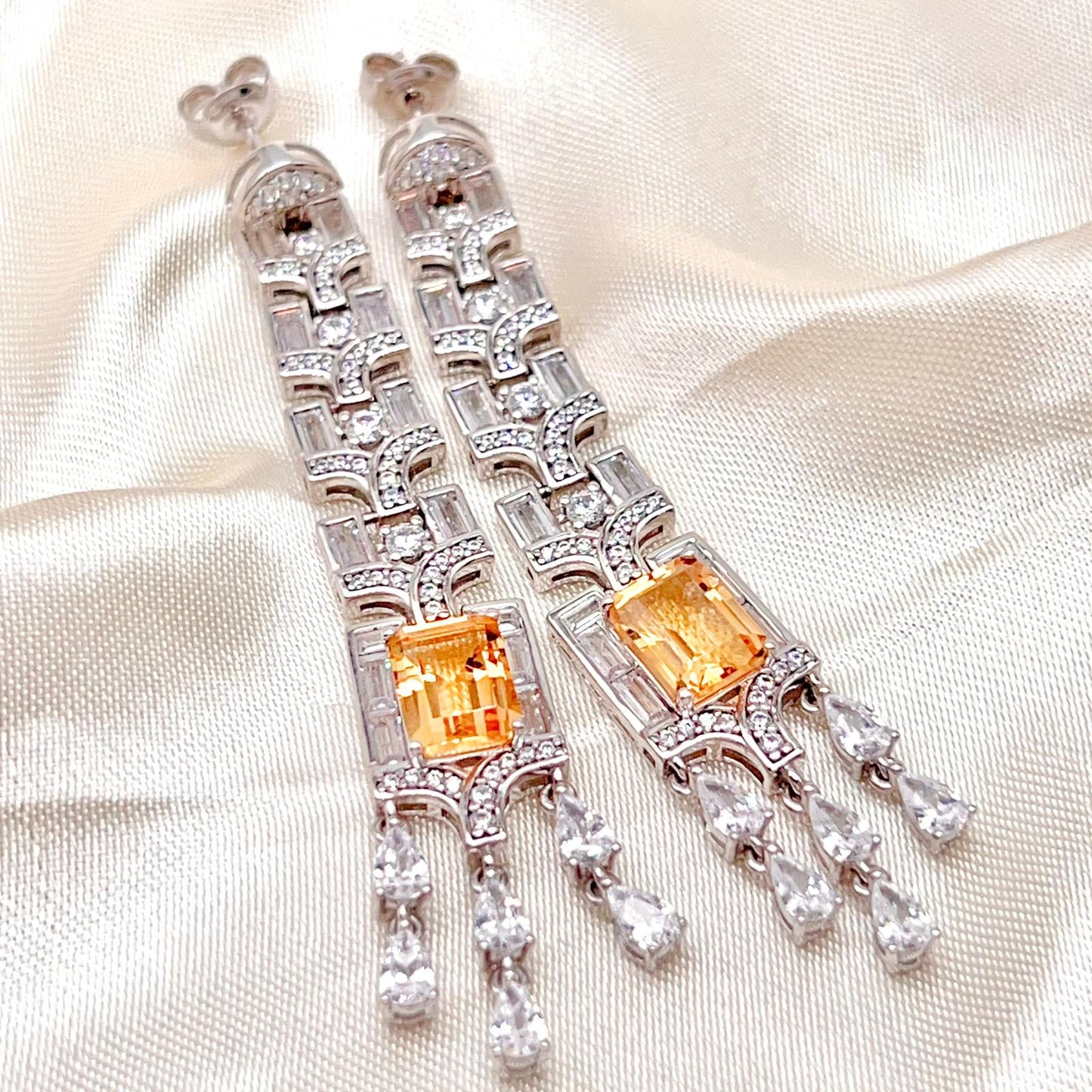 Citrine Art Deco Long Dangle Earrings