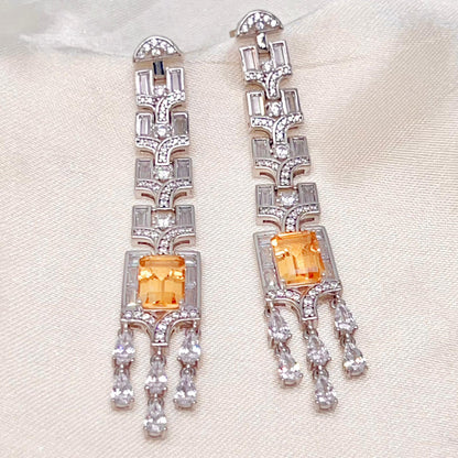 Citrine Art Deco Long Dangle Earrings