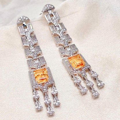 Citrine Art Deco Long Dangle Earrings