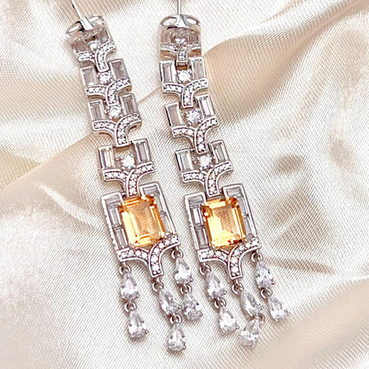 Citrine Art Deco Long Dangle Earrings
