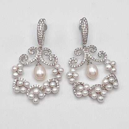 Cultured Pearl Cluster Scroll Dangle Earrings Silver 925