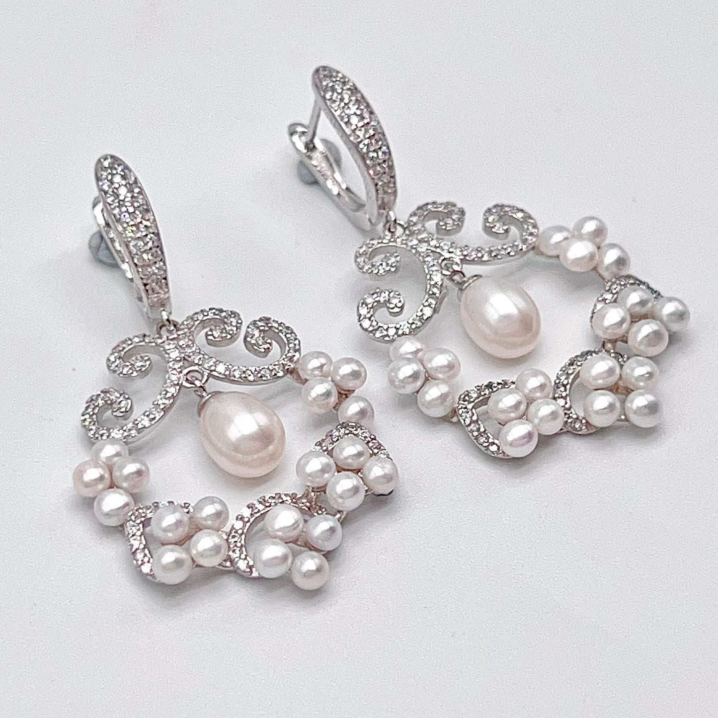 Cultured Pearl Cluster Scroll Dangle Earrings Silver 925