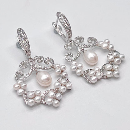 Cultured Pearl Cluster Scroll Dangle Earrings Silver 925