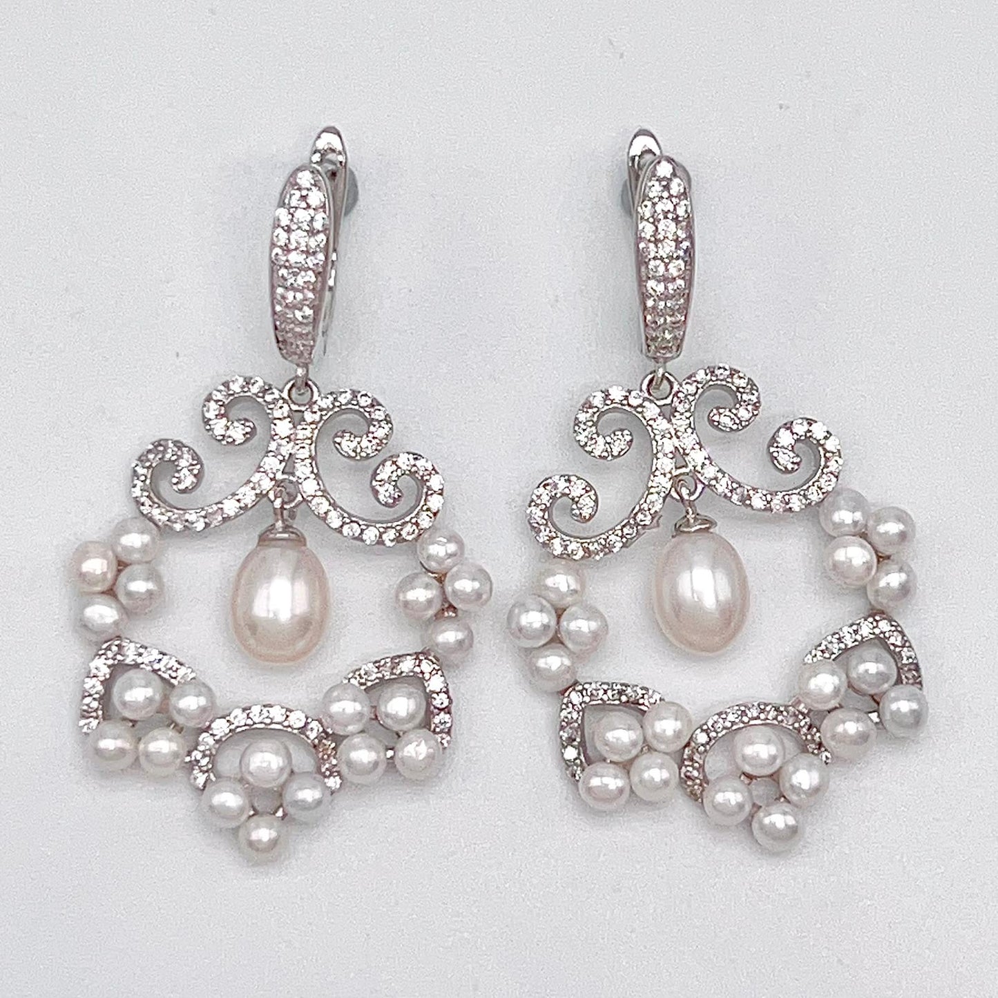 Cultured Pearl Cluster Scroll Dangle Earrings Silver 925