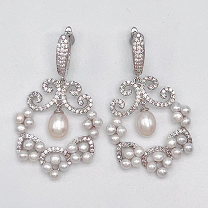 Cultured Pearl Cluster Scroll Dangle Earrings Silver 925