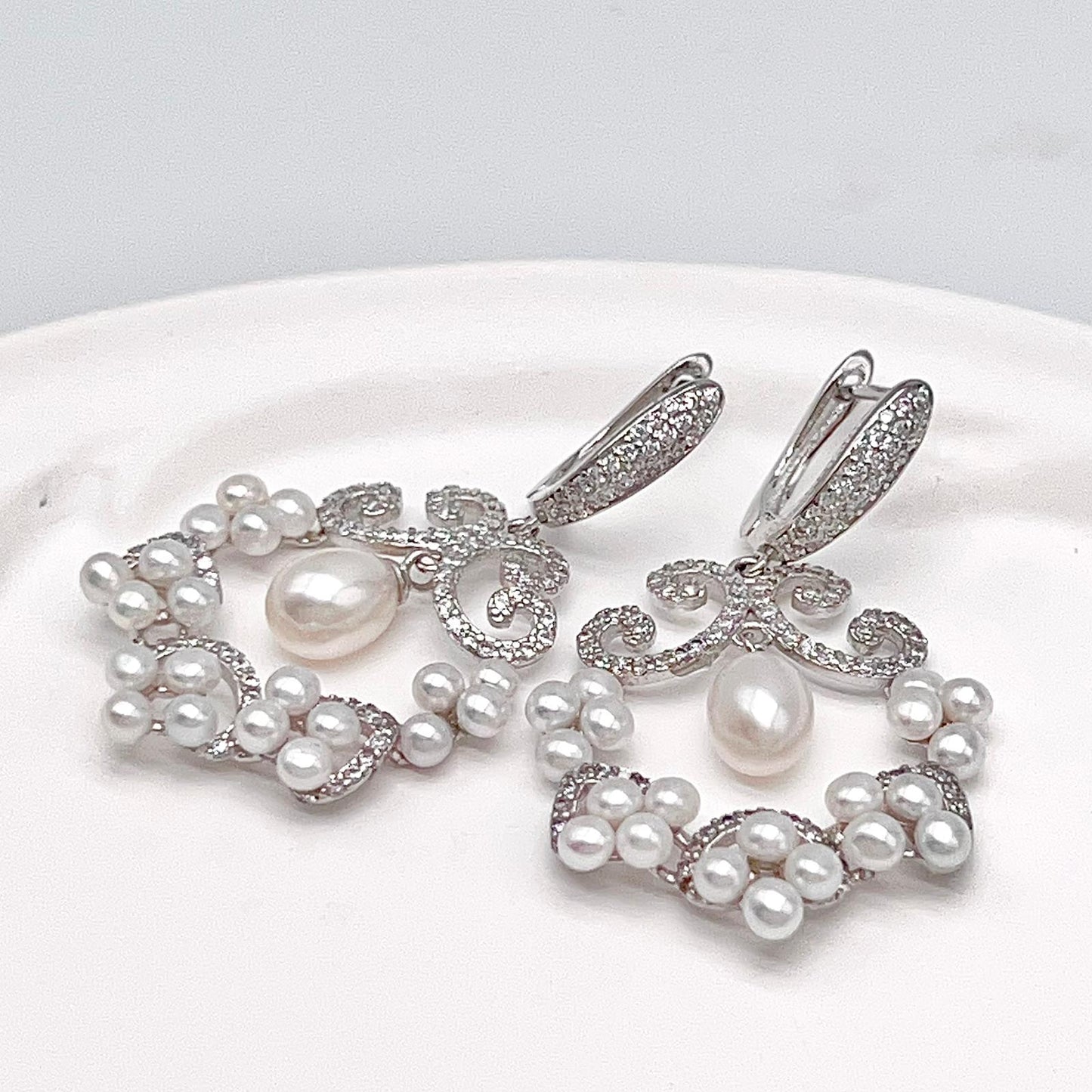 Cultured Pearl Cluster Scroll Dangle Earrings Silver 925