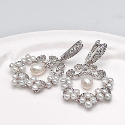 Cultured Pearl Cluster Scroll Dangle Earrings Silver 925