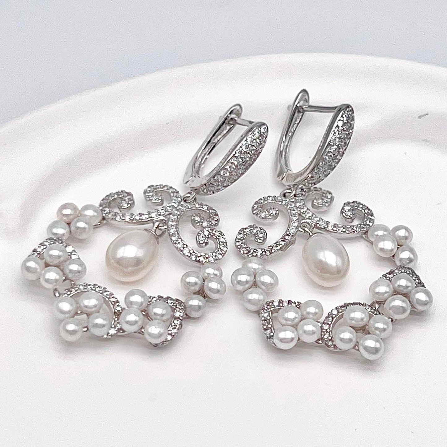 Cultured Pearl Cluster Scroll Dangle Earrings Silver 925