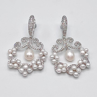 Cultured Pearl Cluster Scroll Dangle Earrings Silver 925