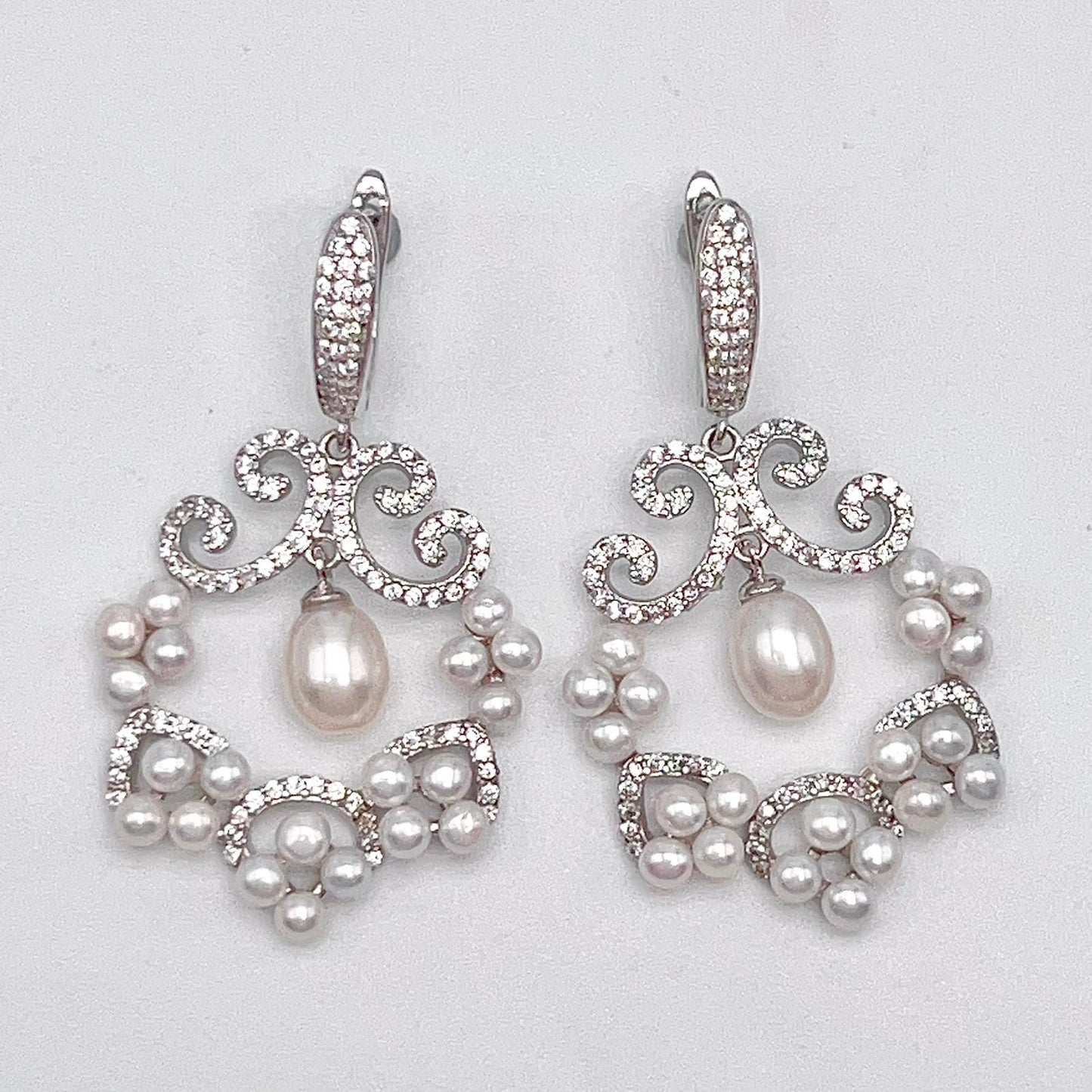 Cultured Pearl Cluster Scroll Dangle Earrings Silver 925