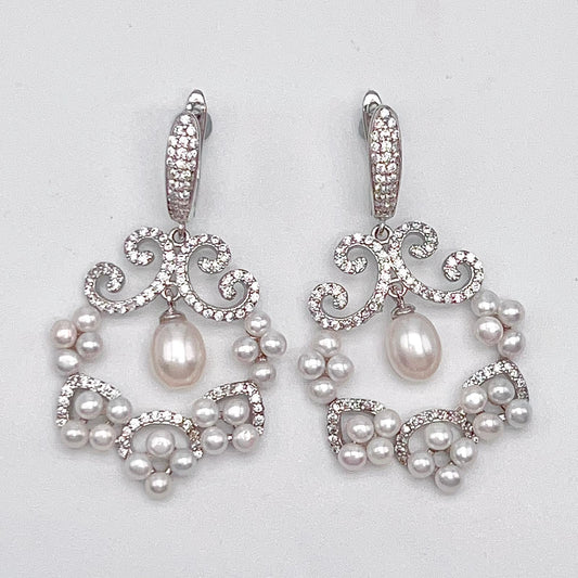 Cultured Pearl Cluster Scroll Dangle Earrings Silver 925
