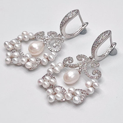 Cultured Pearl Cluster Scroll Dangle Earrings Silver 925