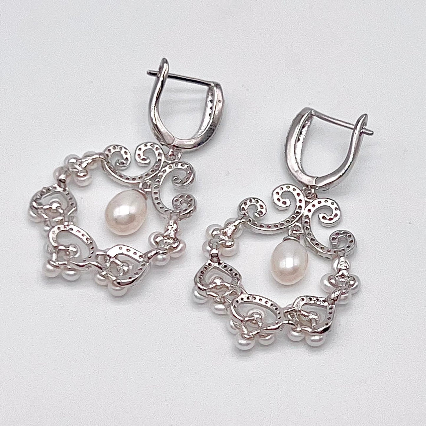 Cultured Pearl Cluster Scroll Dangle Earrings Silver 925