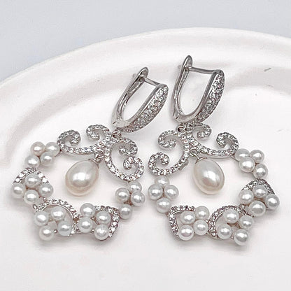 Cultured Pearl Cluster Scroll Dangle Earrings Silver 925