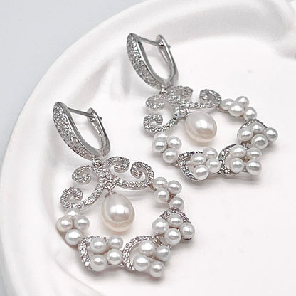 Cultured Pearl Cluster Scroll Dangle Earrings Silver 925