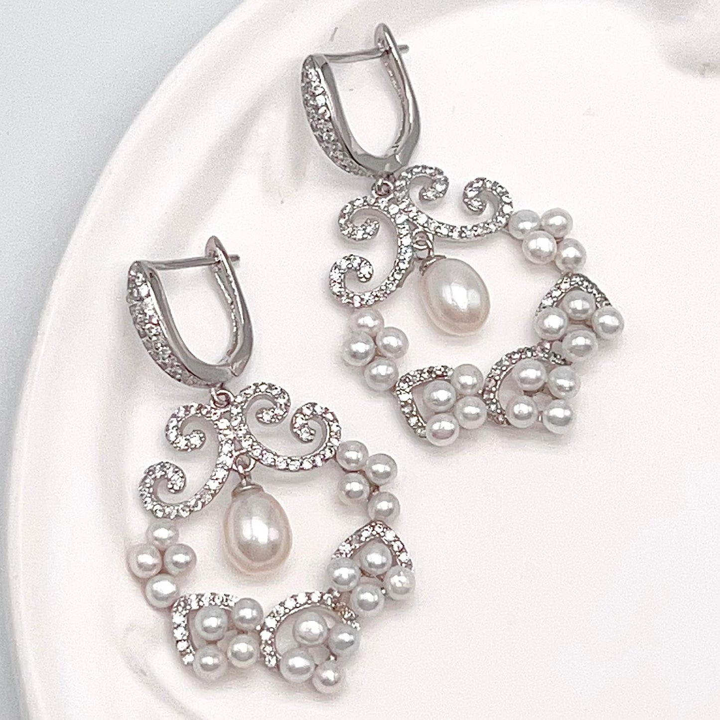 Cultured Pearl Cluster Scroll Dangle Earrings Silver 925