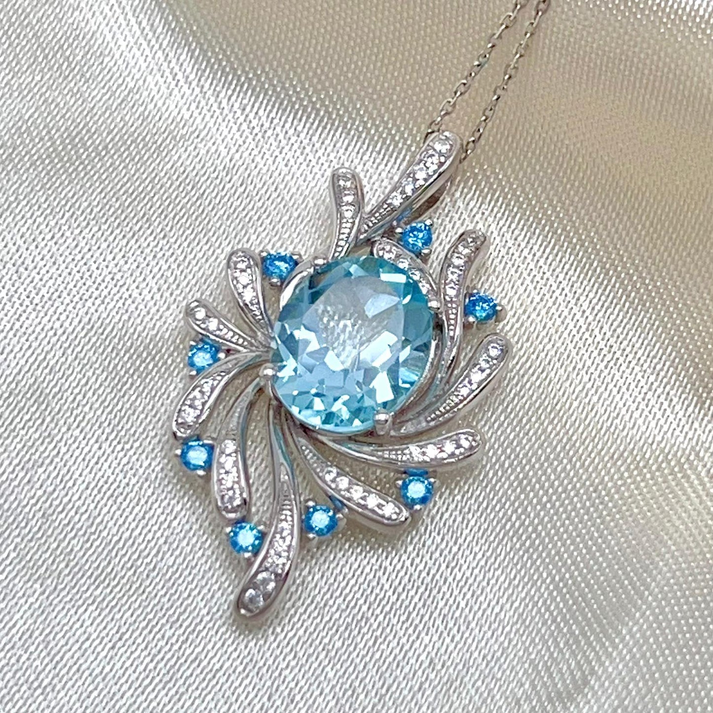 Blue Topaz Swirl Pendant Necklace Silver 925
