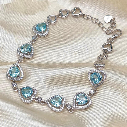 Heart Blue Topaz Halo Link Bracelet Silver 925