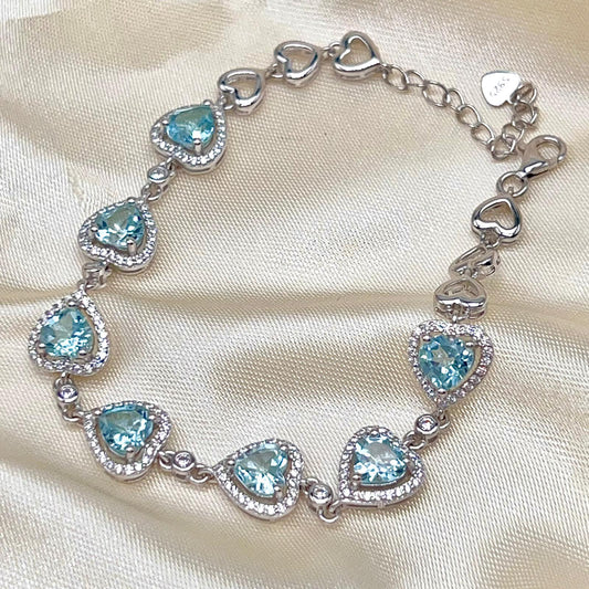 Heart Blue Topaz Halo Link Bracelet Silver 925