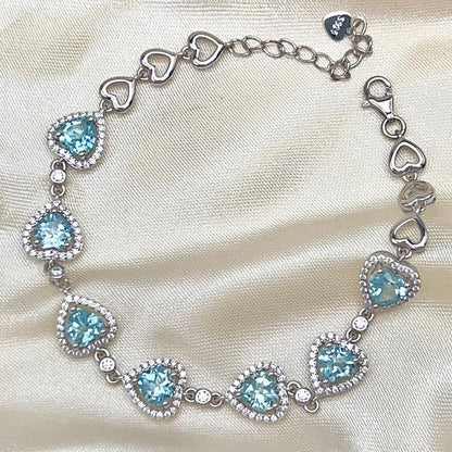 Heart Blue Topaz Halo Link Bracelet Silver 925